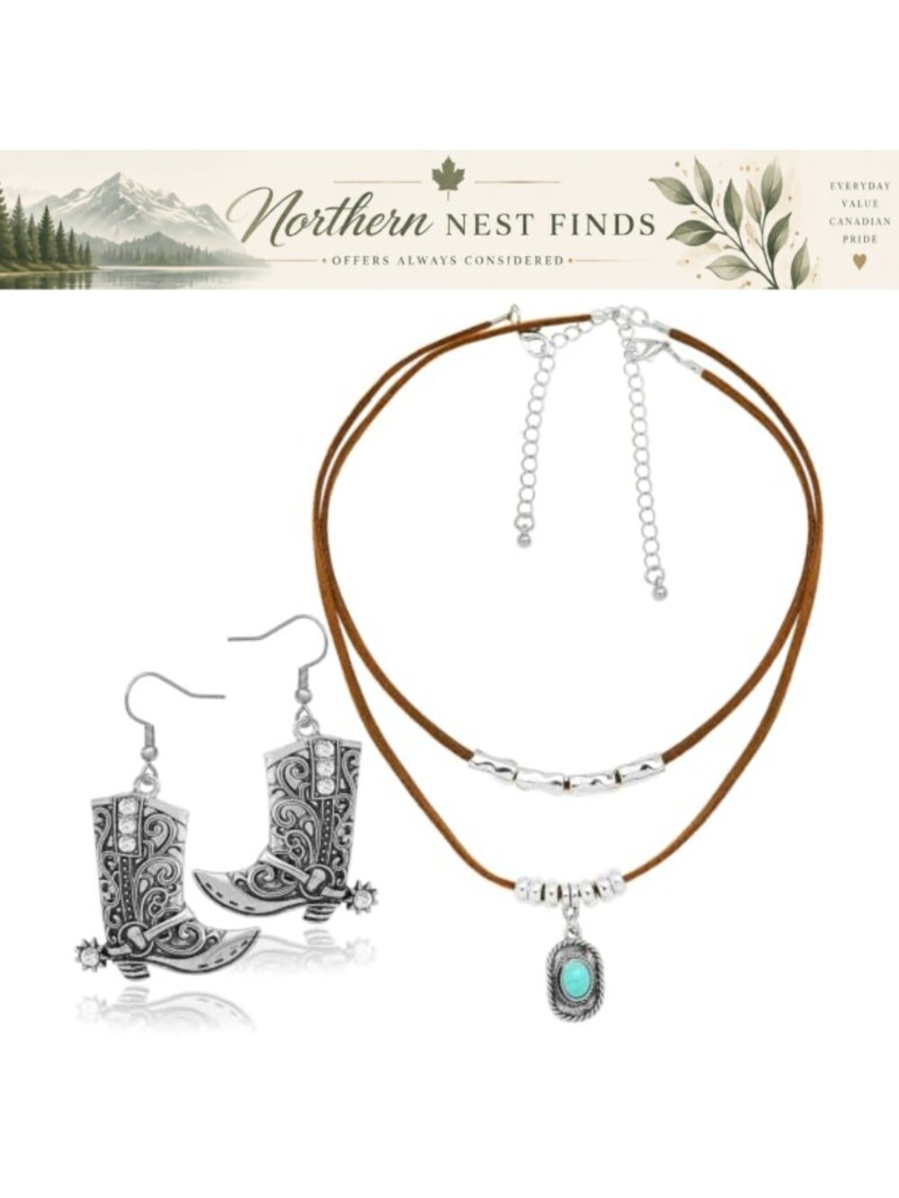 Western Layered Necklace & Earrings Set Imitation Turquoise Faux Leather Choker